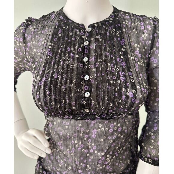 Aeropostale Sheer Black Purple Floral Blouse Ruched Button Front Top size XS - Picture 4 of 6